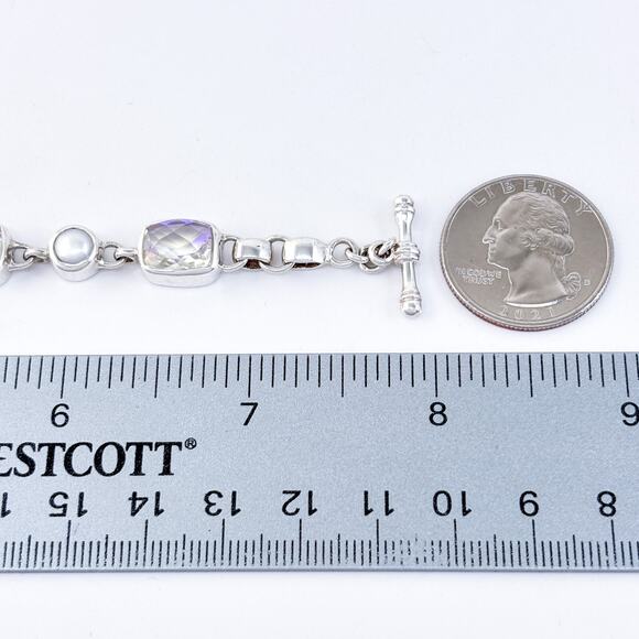 Vintage Sterling Silver 925 Mystic Topaz and Pearl Toggle Bracelet 7"-8" - Picture 2 of 5